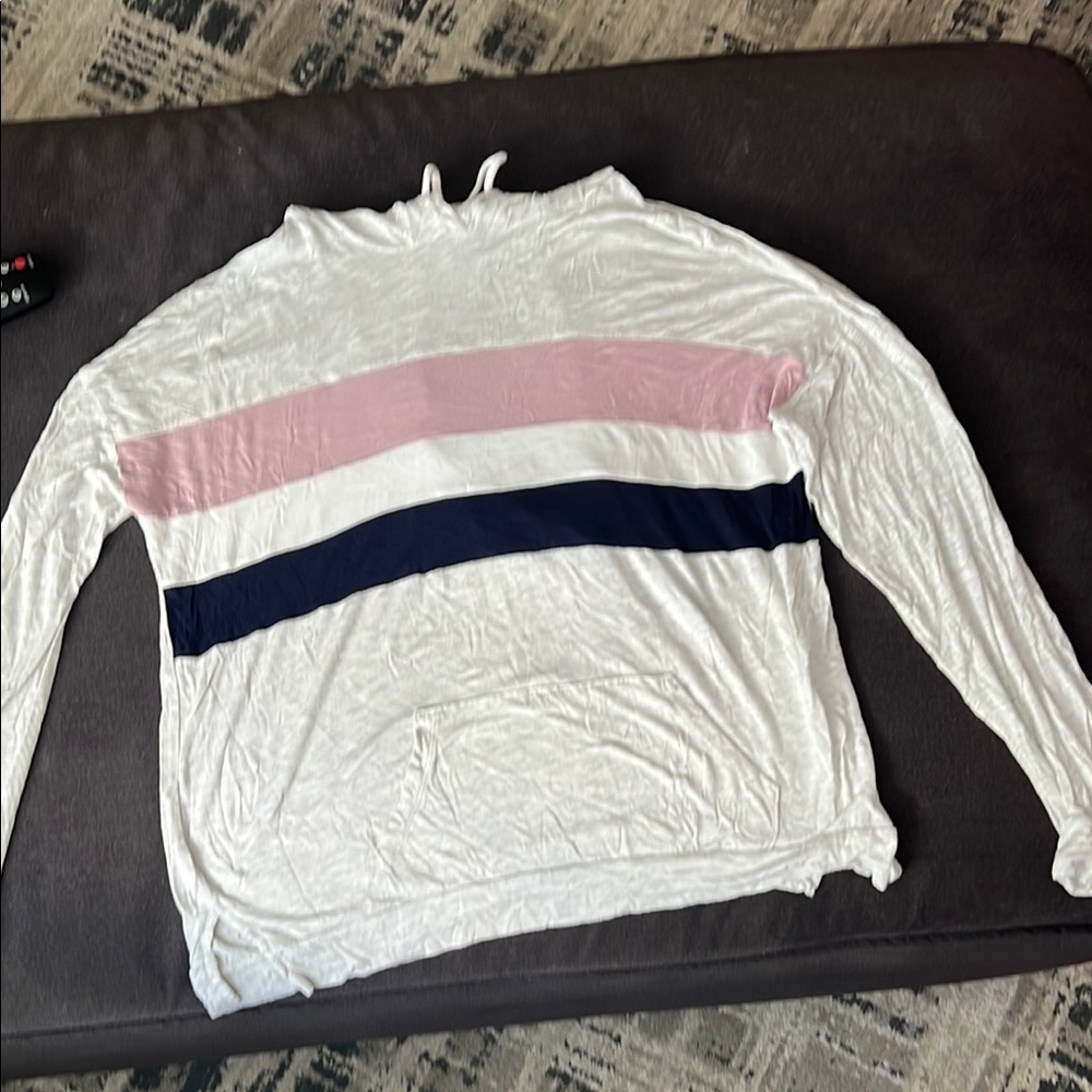 White Hoodie with Pink and Navy Stripes